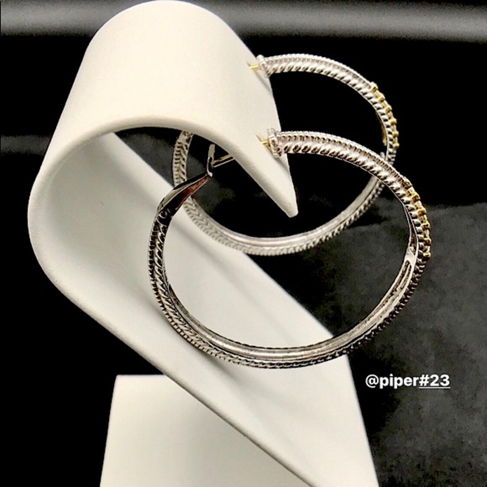 EUC Judith Ripka JR TWO Pave Diamond Large Linen 1.5” Hoop Earrings - Picture 7 of 9